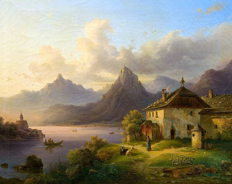 Landscape with mountain lake; Landschaft mit Bergsee. Edmund Mahlknecht