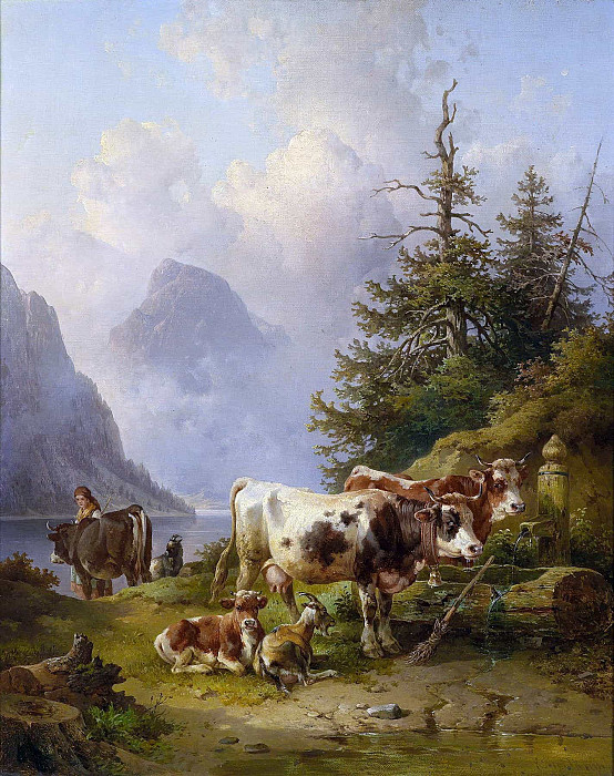 Herd of cattle with shepherdess on the lakeshore; Viehherde mit Hirtin am Seeufer. Edmund Mahlknecht