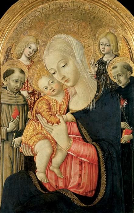 Мадонна с младенцем и ангелами, святой Антоний Падуанский и Святой Николай из Толентино. Маттео ди Джованни ди Бартоло