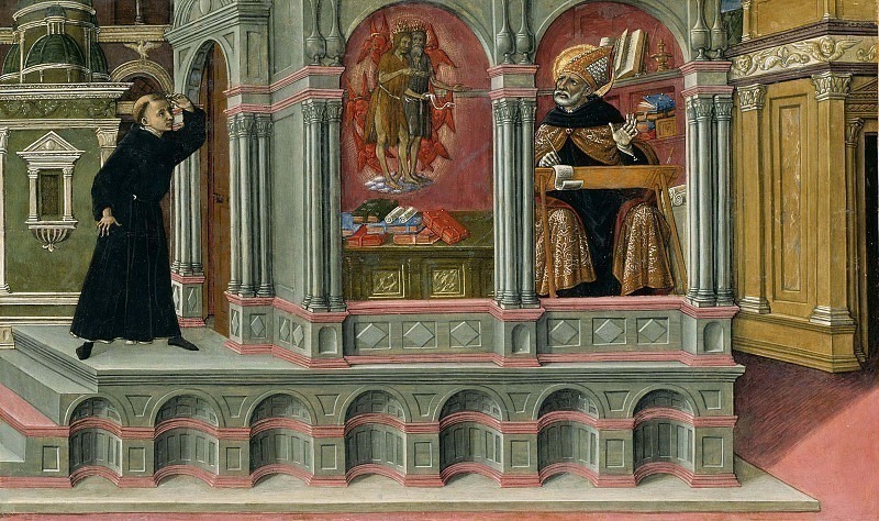 Saint Augustine’s Vision of Saints Jerome and John the Baptist. Matteo di Giovanni di Bartolo