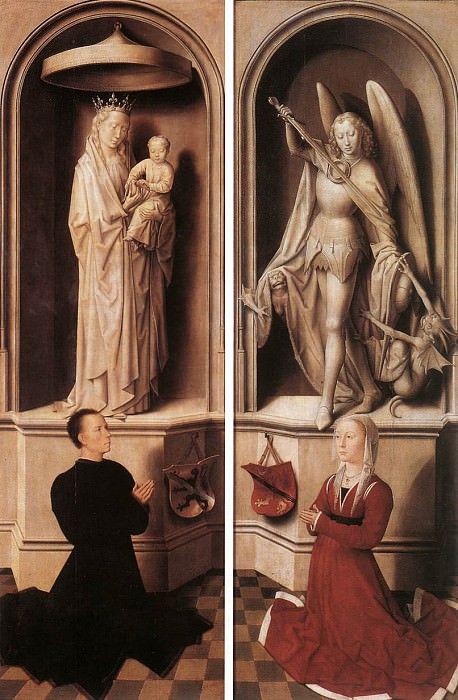 Триптих -Страшный суд- (открытые створки), 1467, фрагмент - Донатор Анджело Тани и его жена Мадонна Катерина Тани. Ганс Мемлинг