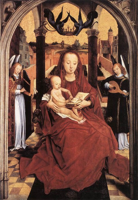 Virgin and Child Enthroned with two Musical Angels. Hans Memling
