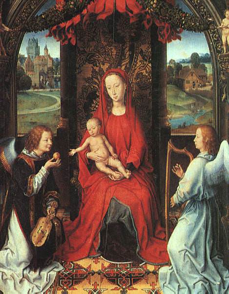 Мадонна с Младенцем на троне и два музицирующих ангела. Ганс Мемлинг