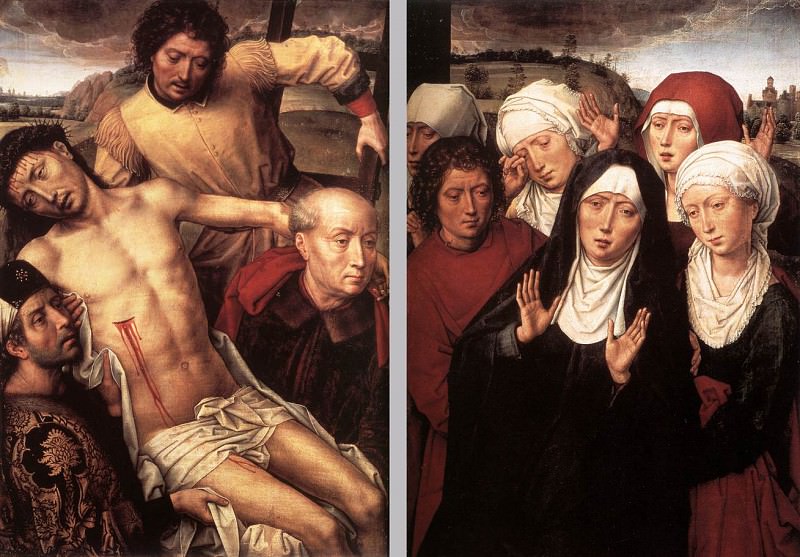 Гранадский диптих: Снятие с креста (левая панель) и Женщины, оплакивающие Христа, и Иоанн Евангелист (правая панель). Ганс Мемлинг