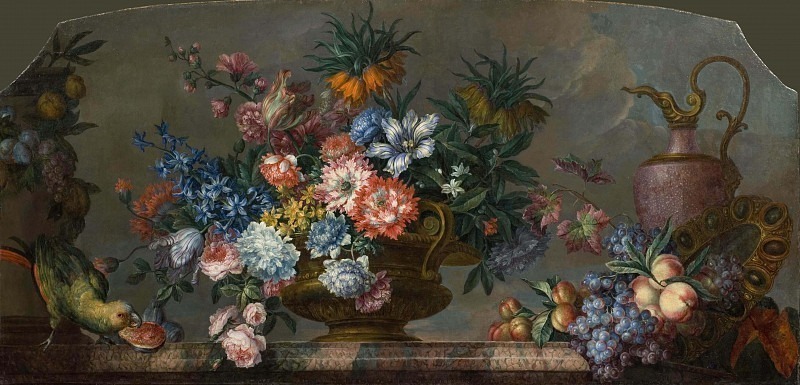 Flowerpiece with Vases and a Parrot. Antoine Monnoyer