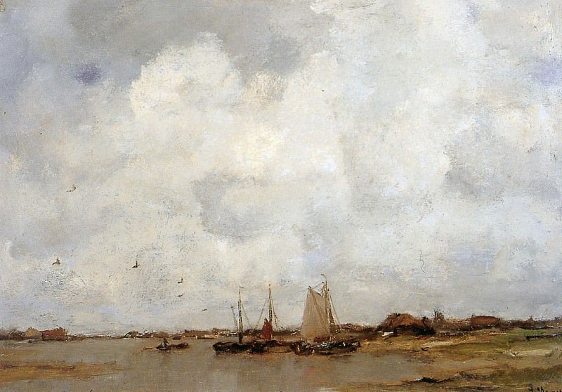 Fisher ships on a river. Jacob Henricus Maris