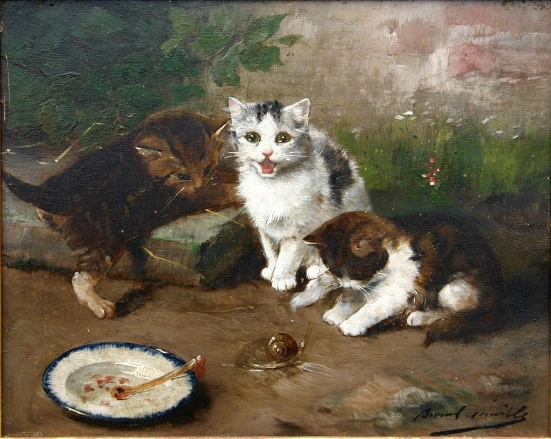Three Kittens & Snail. Alfred Brunel De Neuville
