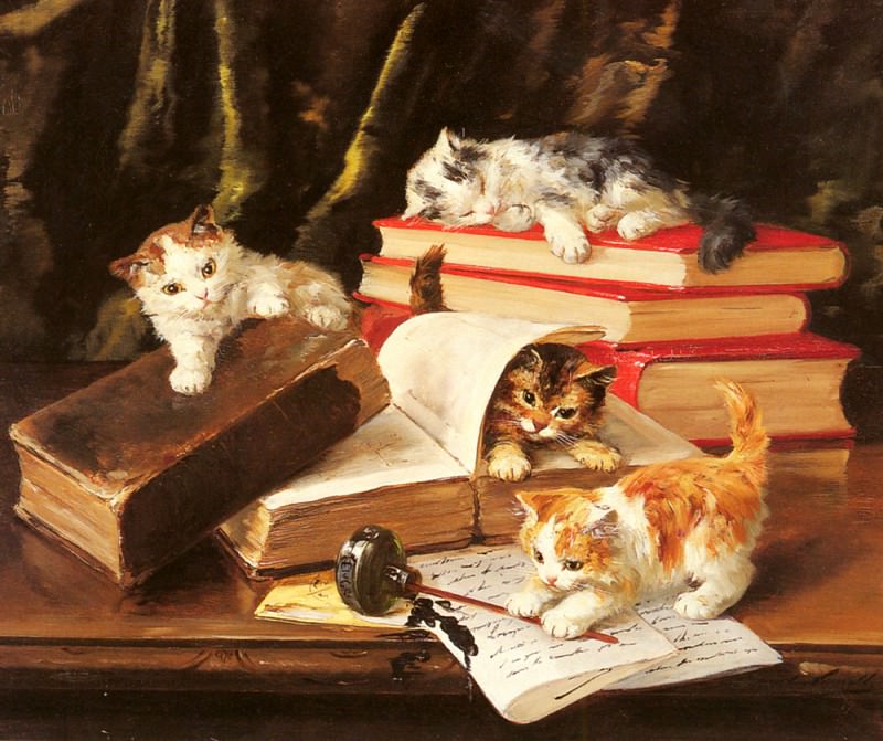 Kittens Playing On A Desk. Alfred Brunel De Neuville