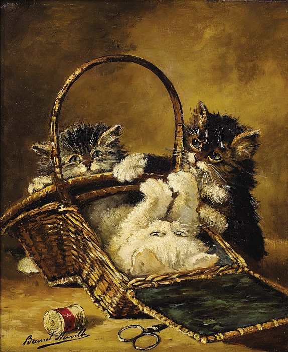 Three Kittens Playing in a Sewing Basket. Alfred Brunel De Neuville