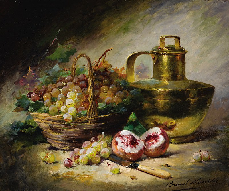 Still Life with Basket of Grapes, Peaches, and a Copper. Alfred Brunel De Neuville