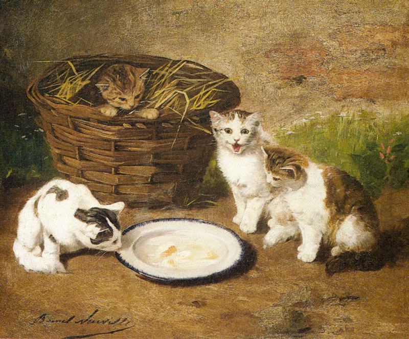 Kittens By A Bowl Of Milk. Alfred Brunel De Neuville