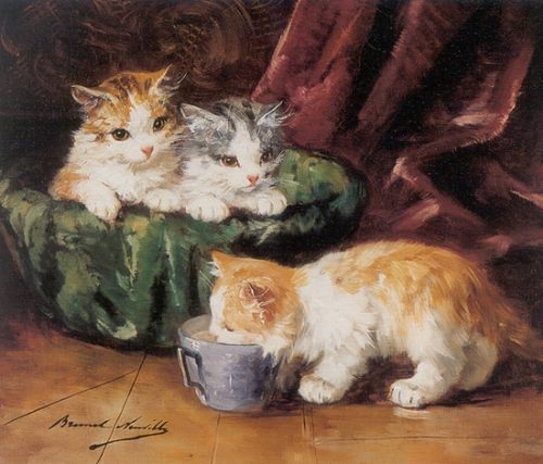 Kittens in a Tea Cup of Milk for Three Cats and Kittens. Alfred Brunel De Neuville