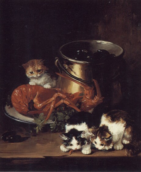 Kittens with Mussels and a Lobster. Alfred Brunel De Neuville