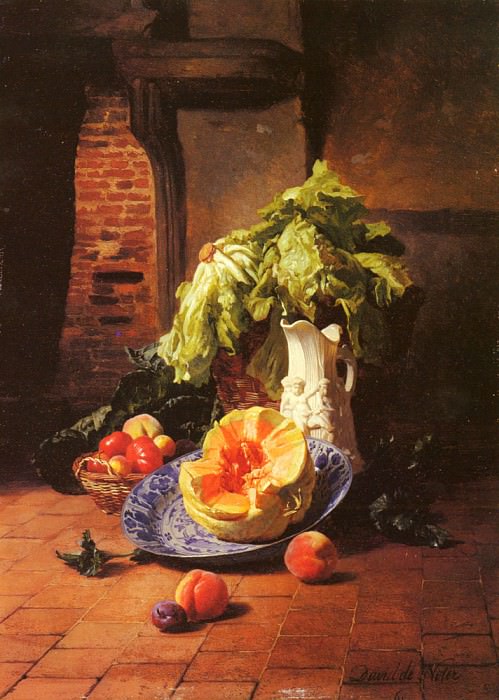 A Still Life With A White Porcelain Pitcher Fruit And Vegetables. David Emile Joseph De Noter