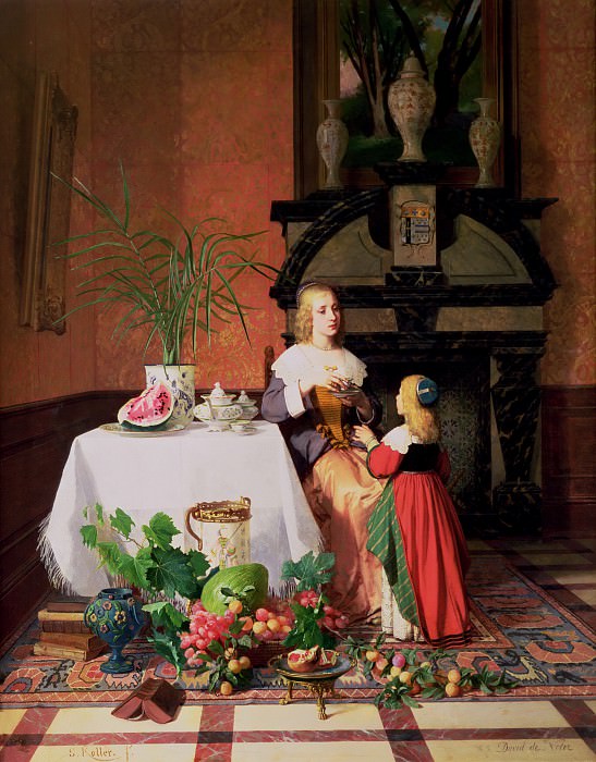Фигуры и фрукты на фоне интерьера. Давид Эмиль Жозеф де Нотер