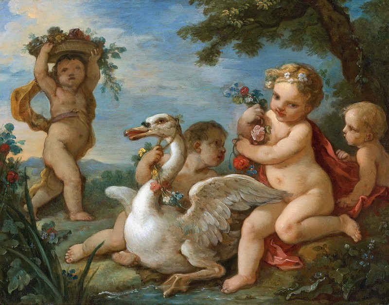 PUTTI ADORNING A SWAN WITH A GARLAND OF FLOWERS. Charles-Joseph Natoire