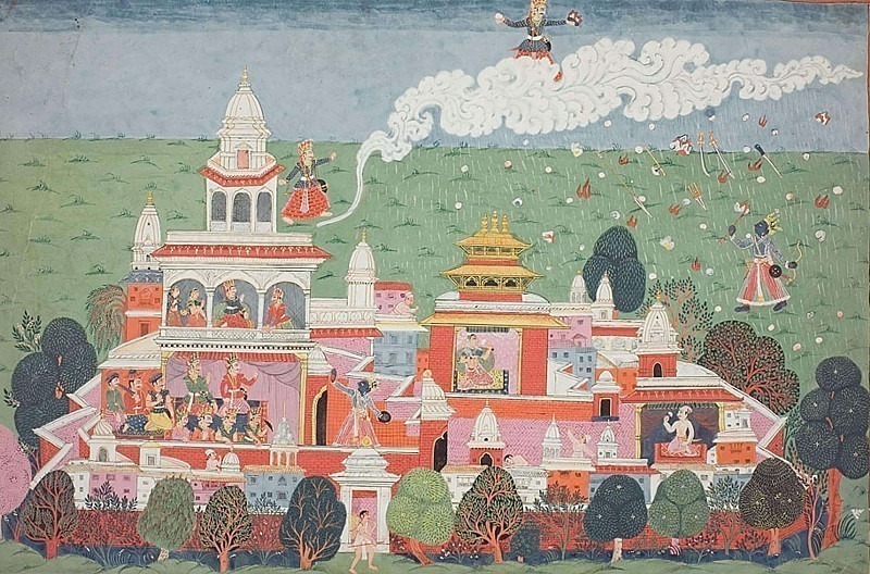 Прадьюмна входит во дворец демона Самбара и вызывает его на битву, страница из рукописи Бхагавата-пураны. Непал