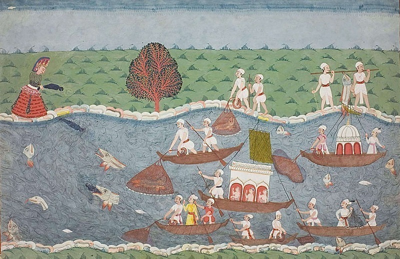 Демон Самбар бросает младенца Прадьюмну в реку, страница из рукописи Бхагавата-пураны. Непал