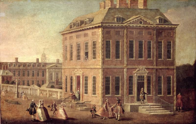 View of Ranelagh House and Gardens, and the Chelsea Hospital with figures walking. Joseph Nickolls