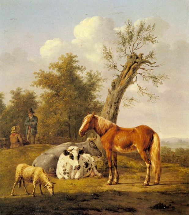 Коровы, лошадь и овца, отдыхающие около останков дуба. Энтони Оберман