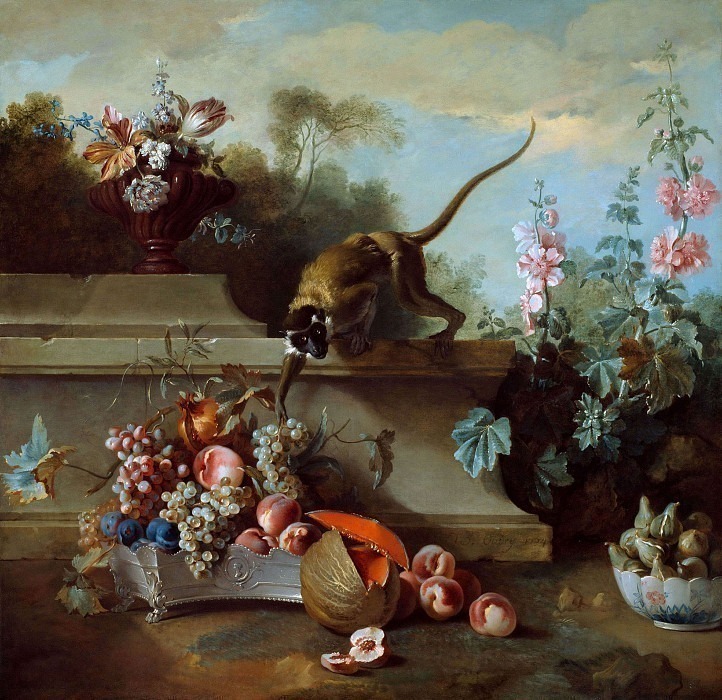 Still Life with Monkey, Fruits, and Flowers. Jean-Baptiste Oudry
