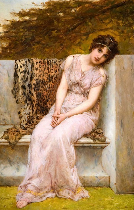Portrait Of A Young Woman Sitting On Marble Seat. William Oliver