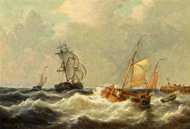 Sailing Vessels In Choppy Waters. George Willem Opdenhoff