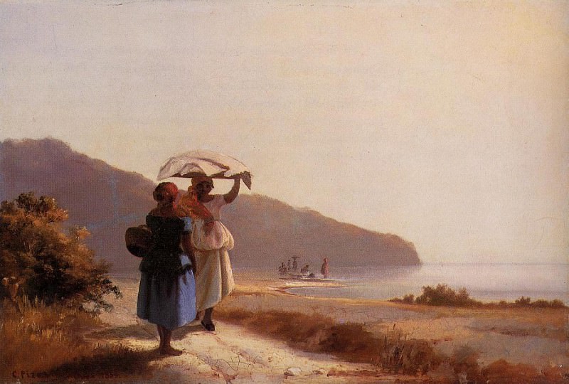 Две женщины, болтающие у моря, Сен-Тома (1856). Камиль Писсарро