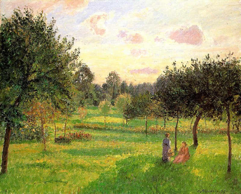 Two Women in a Meadow - Sunset at Eragny. (1897). Camille Pissarro