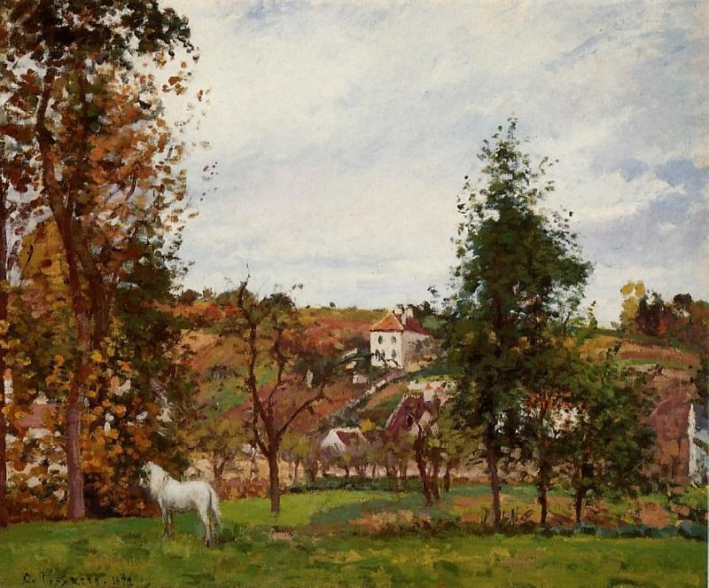 Landscape with a White Horse in a Meadow, LHermitage. (1872). Camille Pissarro