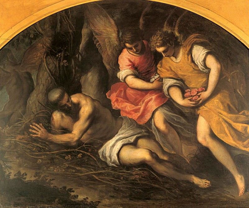 Penitent Saint Francis, consoled by two angels. Palma il Giovane (Jacopo Negretti)