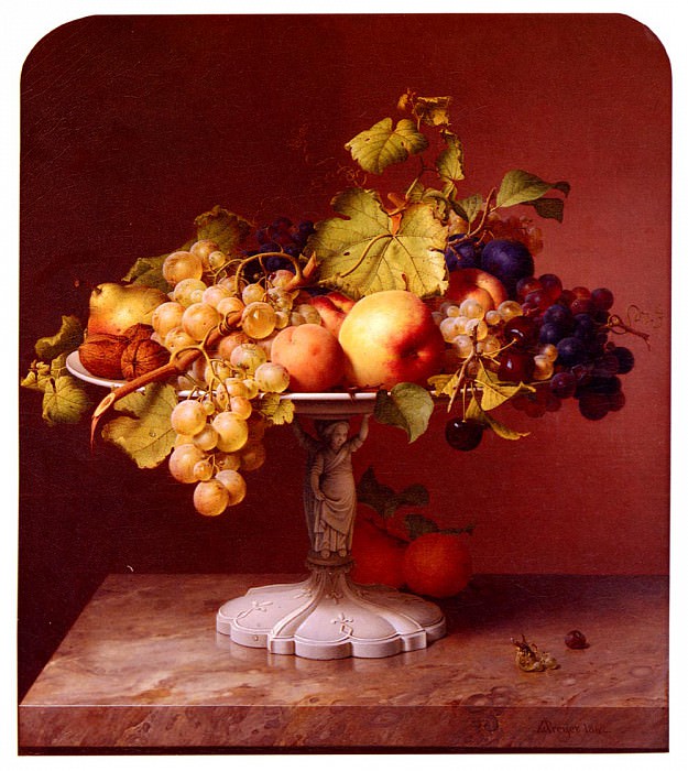 A Still Life With A Bowl Of Fruit On A Marble Table. Johann Wilhelm Preyer