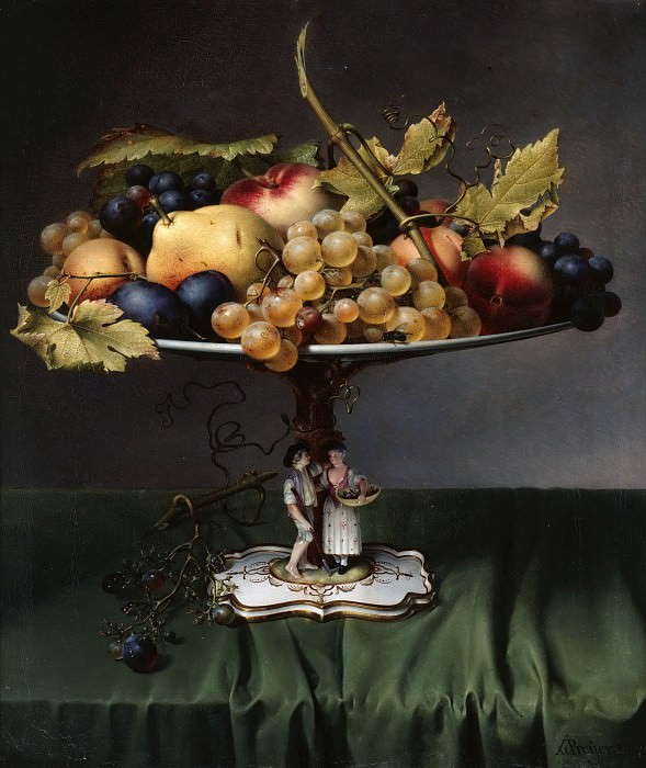 Fruits in a porcelain dish. Johann Wilhelm Preyer