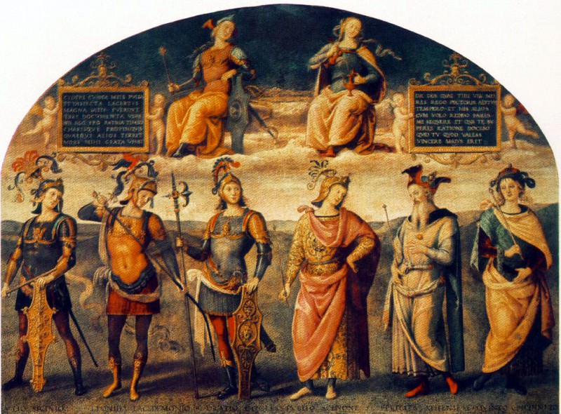 Fortitude and Temperance with Six Antique Heroes 1497. Pietro Perugino