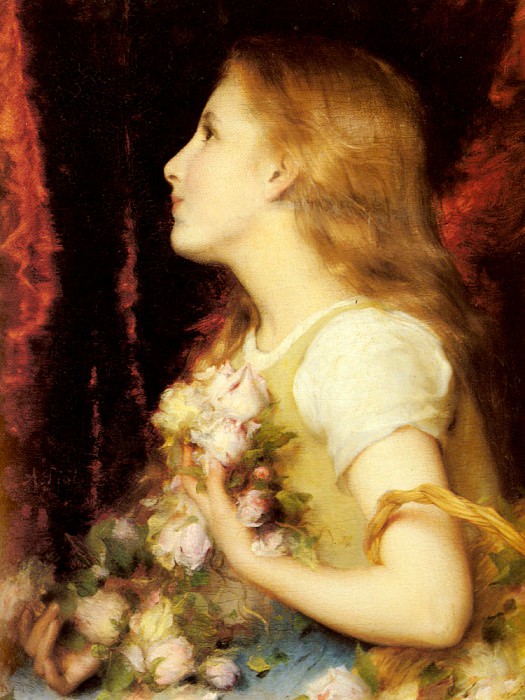 A Young Girl With A Basket Of Flowers. Etienne Adolphe Piot