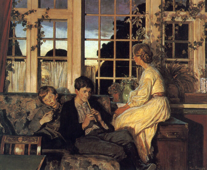 A Mother and Children by a Window at Dusk. Viggo Pederson