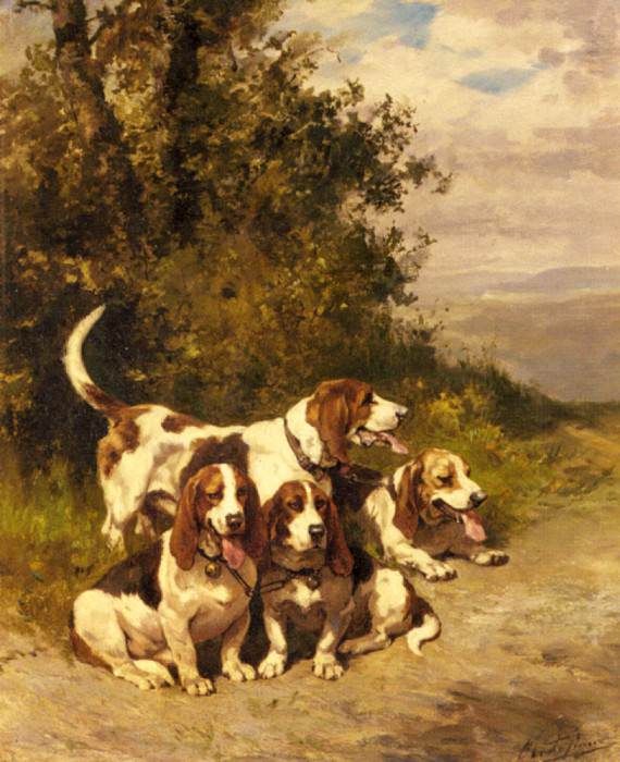 Hunting Dogs On A Forest Path. Charles Olivier De Penne