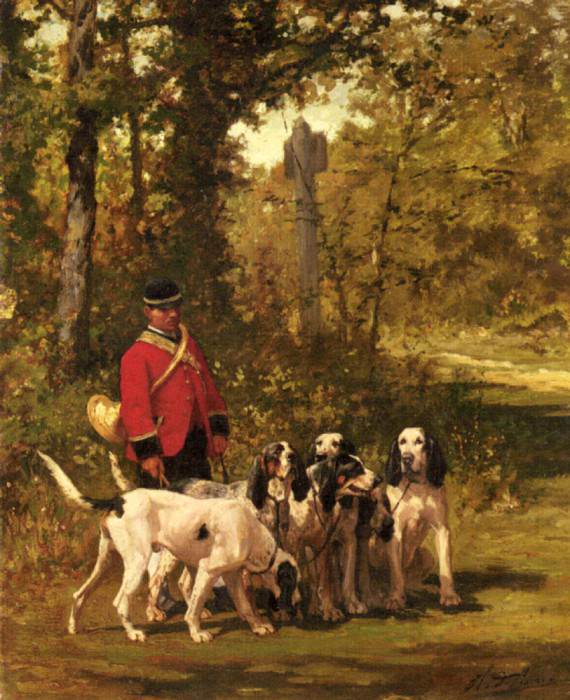 A Huntmaster With His Dogs On A Forest Trail. Charles Olivier De Penne