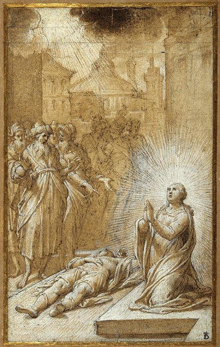 Female saint praying by the body of a dead man. Camillo Procaccini