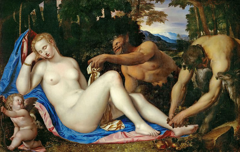 Venus and Cupid with two satyrs in a landscape. Simone Peterzano