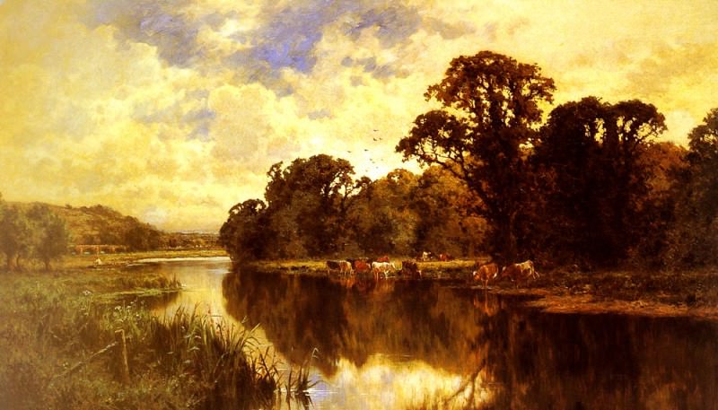 Cattle watering On A Riverbank. Henry Hillier Parker