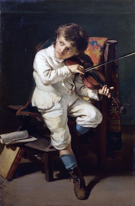 Niccolo Paganini as a boy in the act of playing the violin. Giovanni Pezzotta