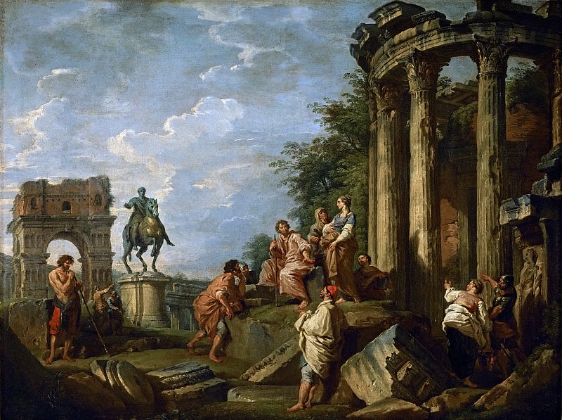 Руины с аркой Януса, храмом Весты и конной статуей Марка Аврелия. Джованни Паоло Панини