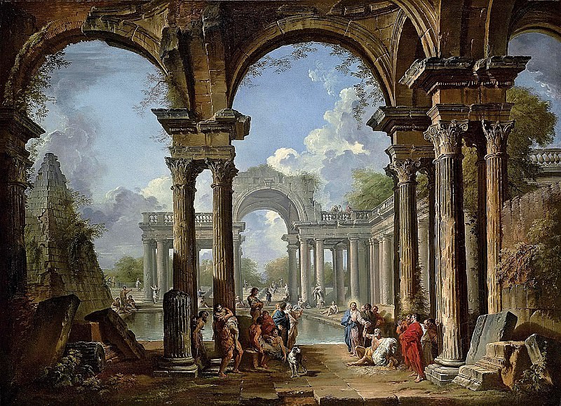 An architectural capriccio with Christ at the Pool of Bethesda. Giovanni Paolo Panini