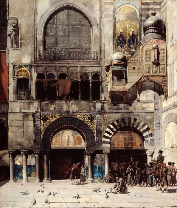 Circassian Cavalry Awaiting their Commanding Officer at the Door of a Byzantine Monument; Memory of the Orient. Alberto Pasini
