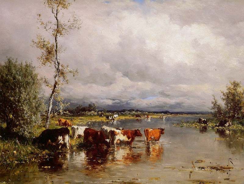 Roelofs Willem River landscape with cows Sun. Виллем Рулофс