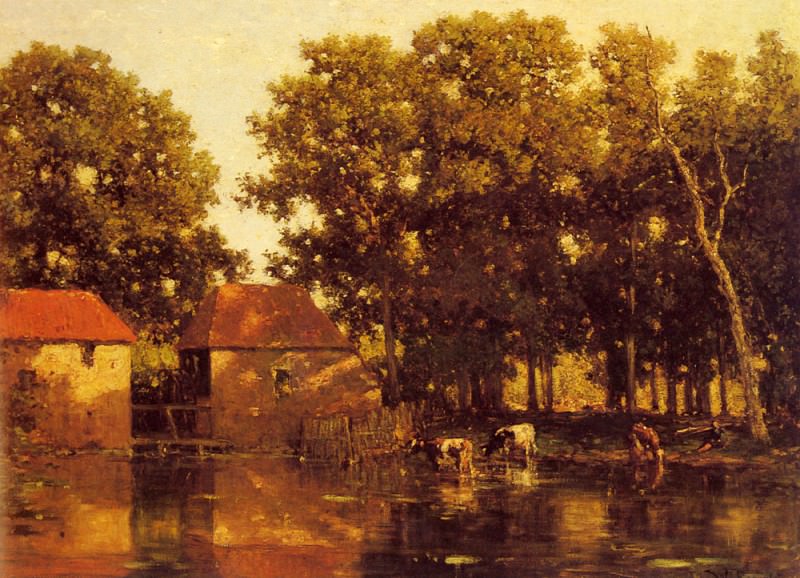 Roelofs Willem A Sunlit River Landscape With Cows Watering. Виллем Рулофс
