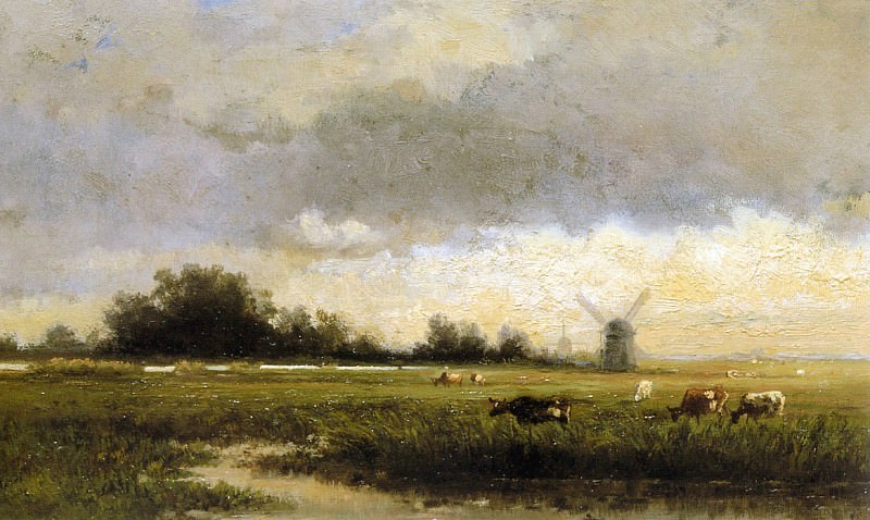 Roelofs Willem Cattle in polderlandscape Sun. Виллем Рулофс
