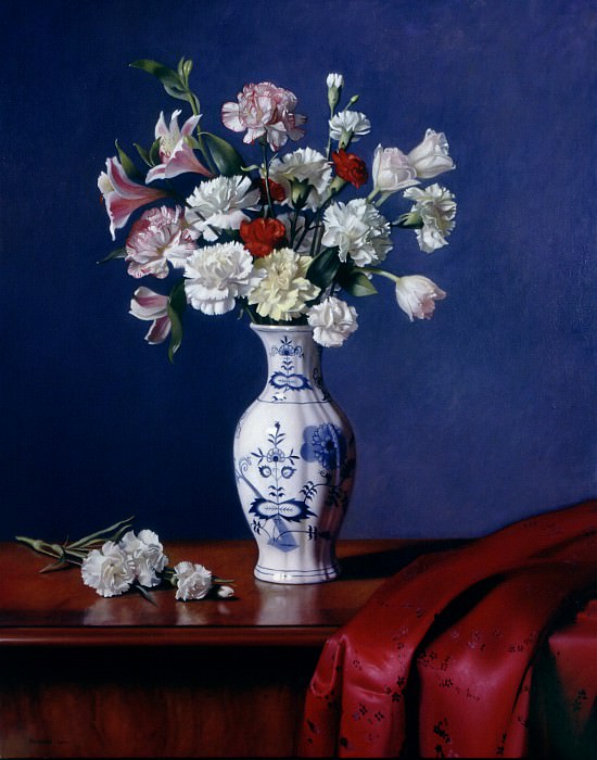 Mixed Bouqet in a Blue Danube Vase. Richards Kirk
