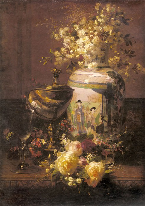Robie Jean Baptiste Still Life With Japanese Vase And Flowers. Жан-Батист Роби